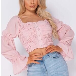NWT Parisian Off Shoulder Ruched Sheer Top Womens 8 Pink Romantic Coquette